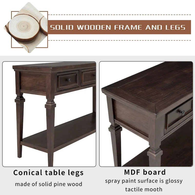 Consolle vintage in legno con tre cassetti e ripiano inferiore