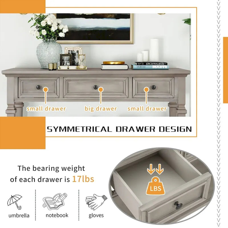 Consolle vintage in legno con tre cassetti e ripiano inferiore