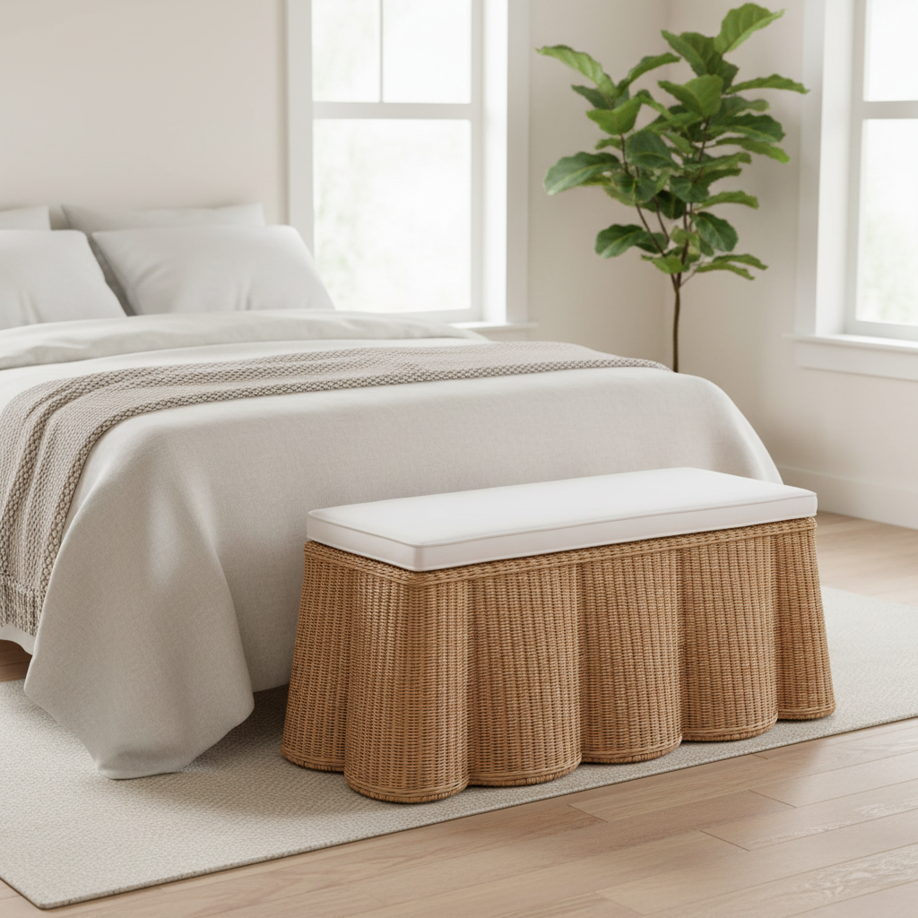 Pouf ottomano in rattan naturale Palm Scallop con cuscino - Panca in vimini intrecciata a mano per soggiorno o camera da letto, stile Boho costiero, rettangolare