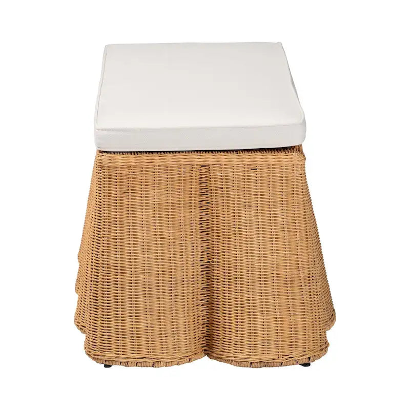 Pouf ottomano in rattan naturale Palm Scallop con cuscino - Panca in vimini intrecciata a mano per soggiorno o camera da letto, stile Boho costiero, rettangolare