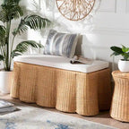 Pouf ottomano in rattan naturale Palm Scallop con cuscino - Panca in vimini intrecciata a mano per soggiorno o camera da letto, stile Boho costiero, rettangolare