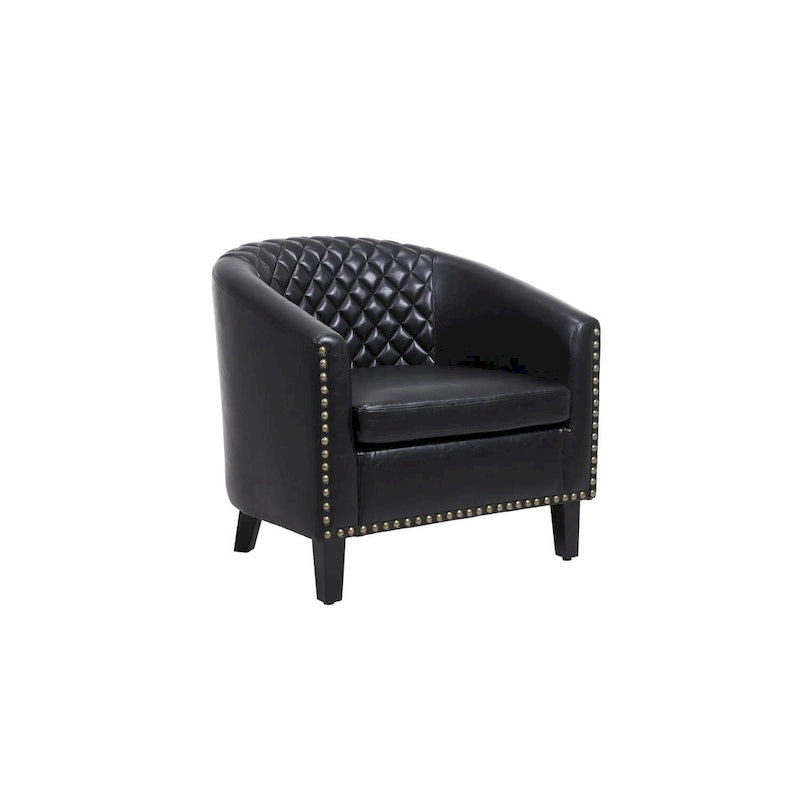 Poltrona a barilotto Accent, sedia da salotto con borchie e gambe in legno massiccio