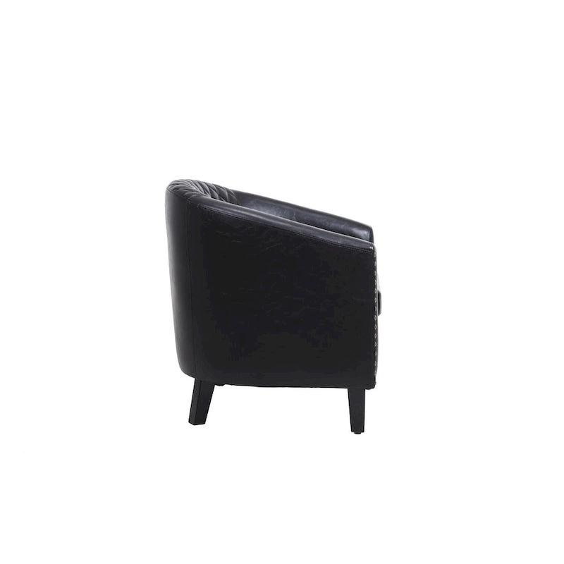 Poltrona a barilotto Accent, sedia da salotto con borchie e gambe in legno massiccio