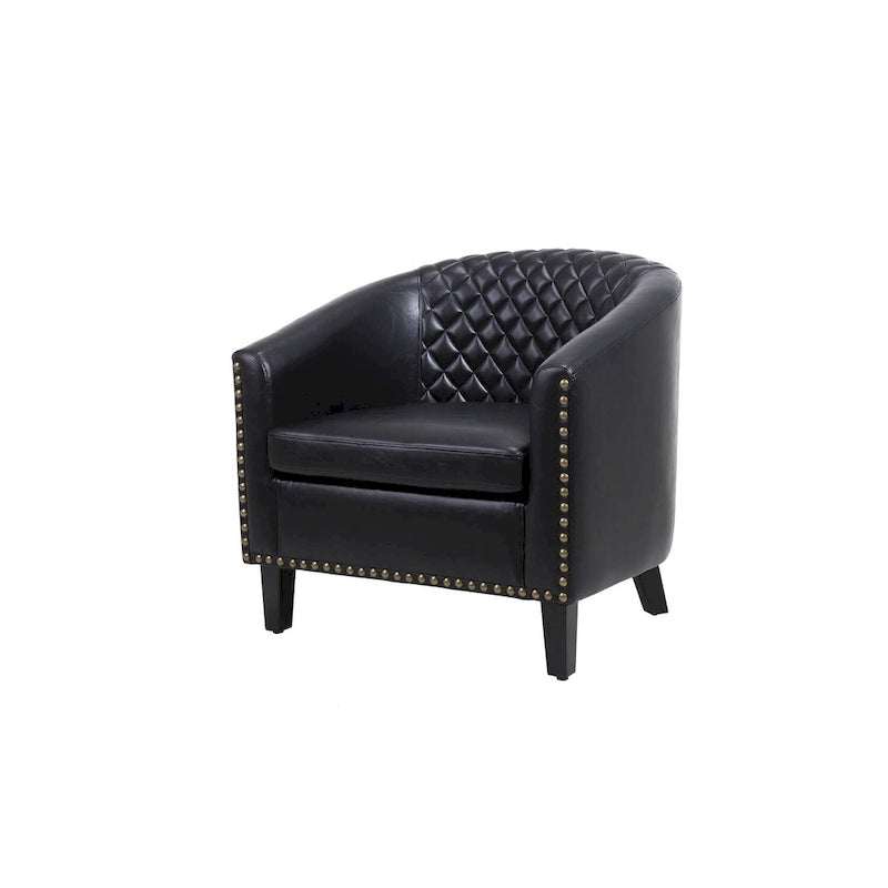 Poltrona a barilotto Accent, sedia da salotto con borchie e gambe in legno massiccio