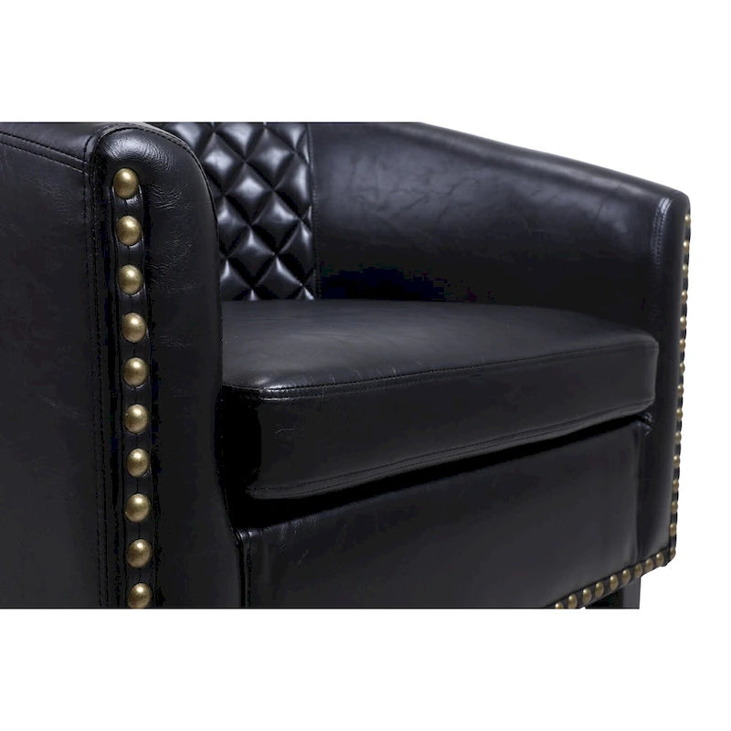 Poltrona a barilotto Accent, sedia da salotto con borchie e gambe in legno massiccio