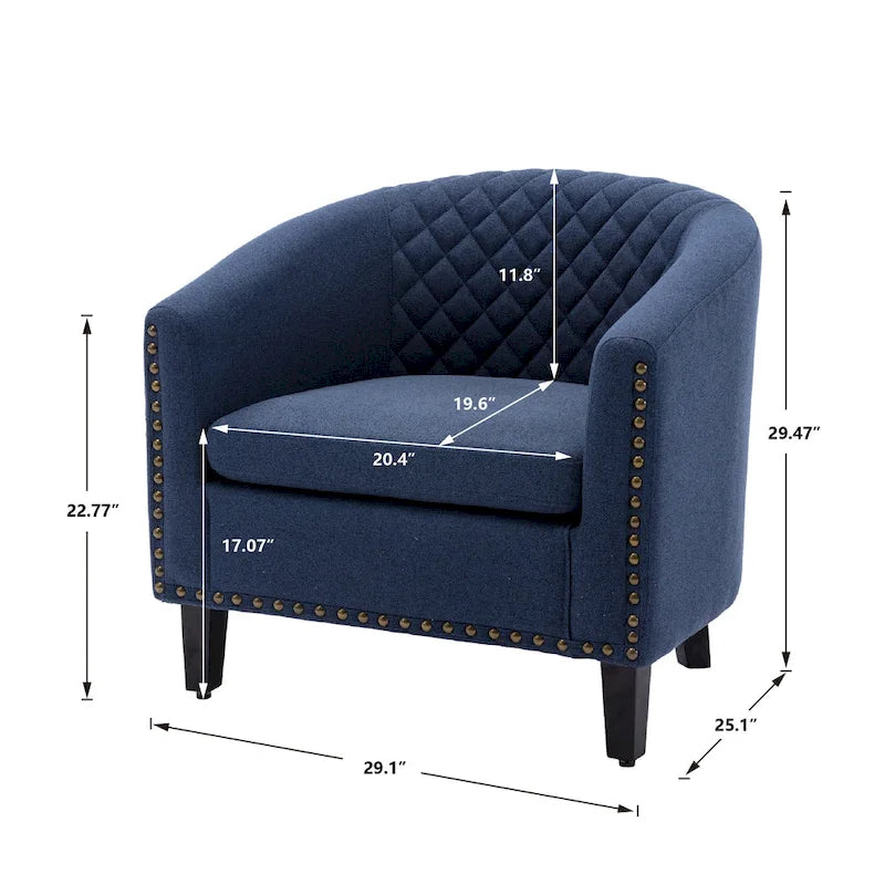 Poltrona a barilotto Accent, sedia da salotto con borchie e gambe in legno massiccio