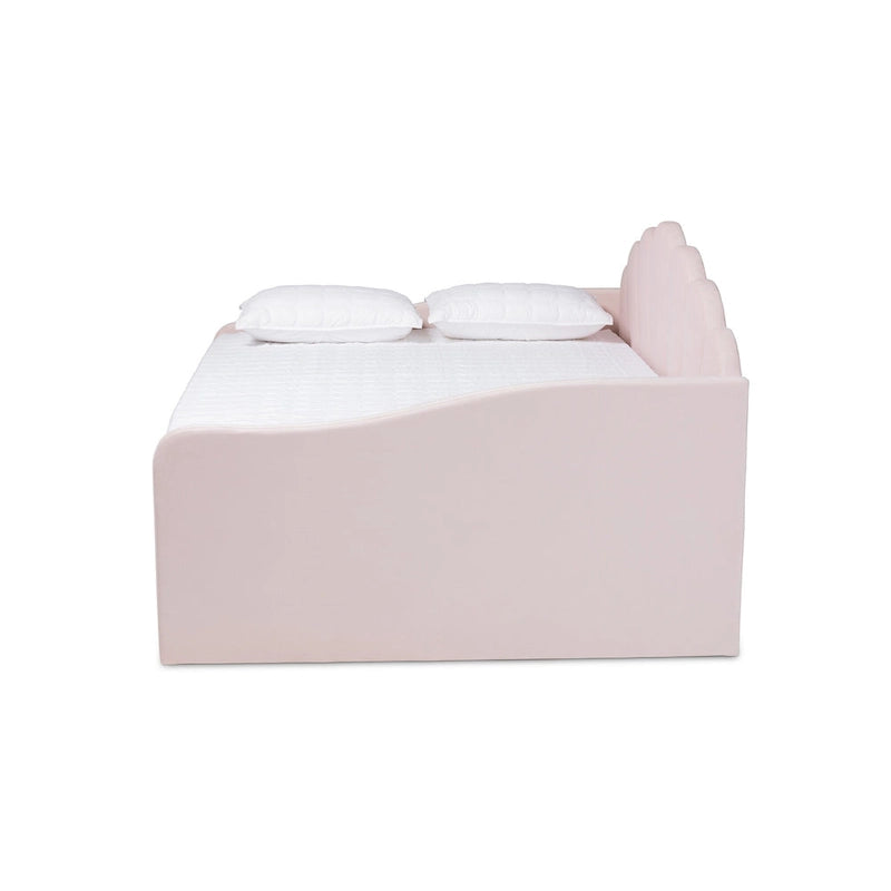Divano letto queen size moderno e contemporaneo Timila in velluto rosa chiaro con letto estraibile