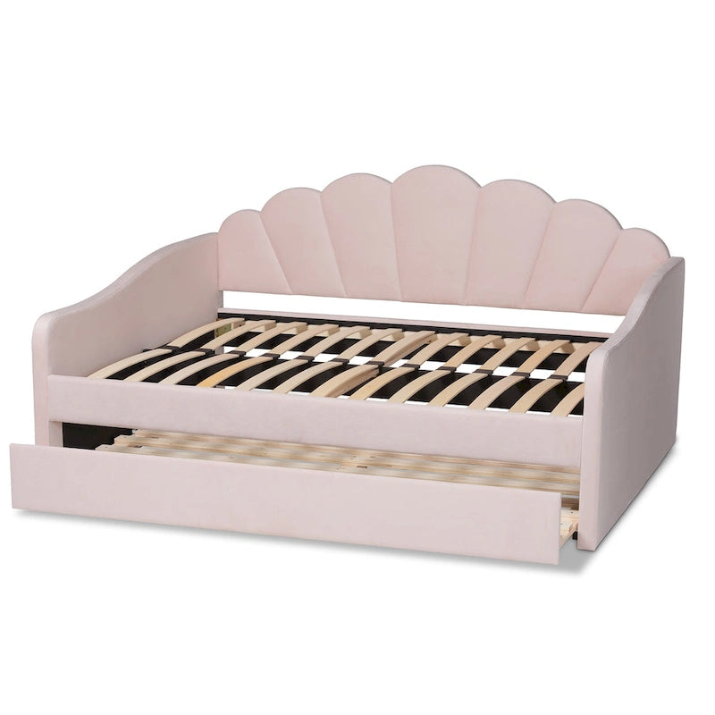Divano letto queen size moderno e contemporaneo Timila in velluto rosa chiaro con letto estraibile
