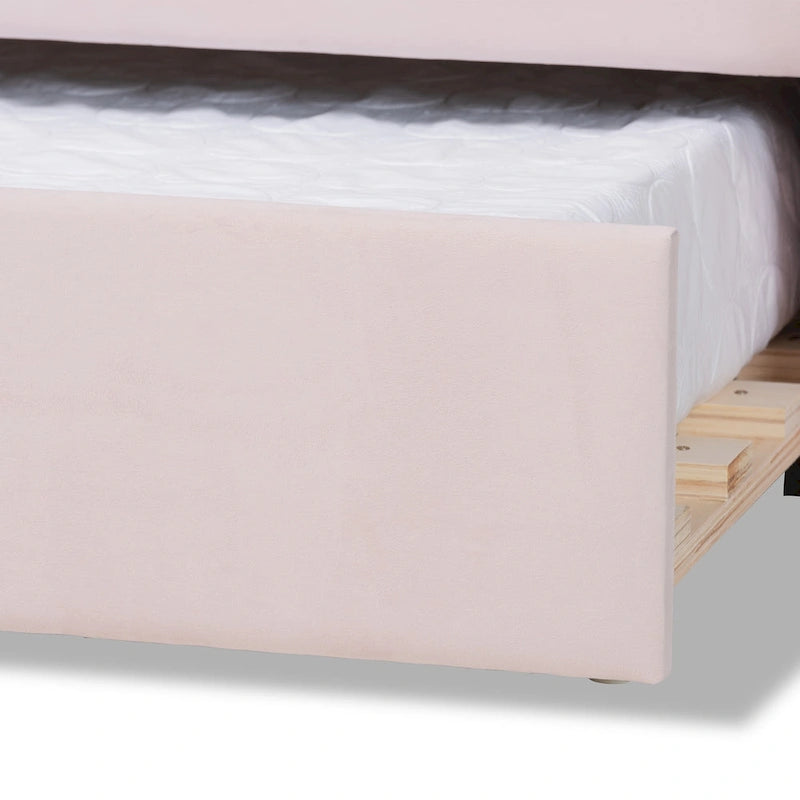 Divano letto queen size moderno e contemporaneo Timila in velluto rosa chiaro con letto estraibile