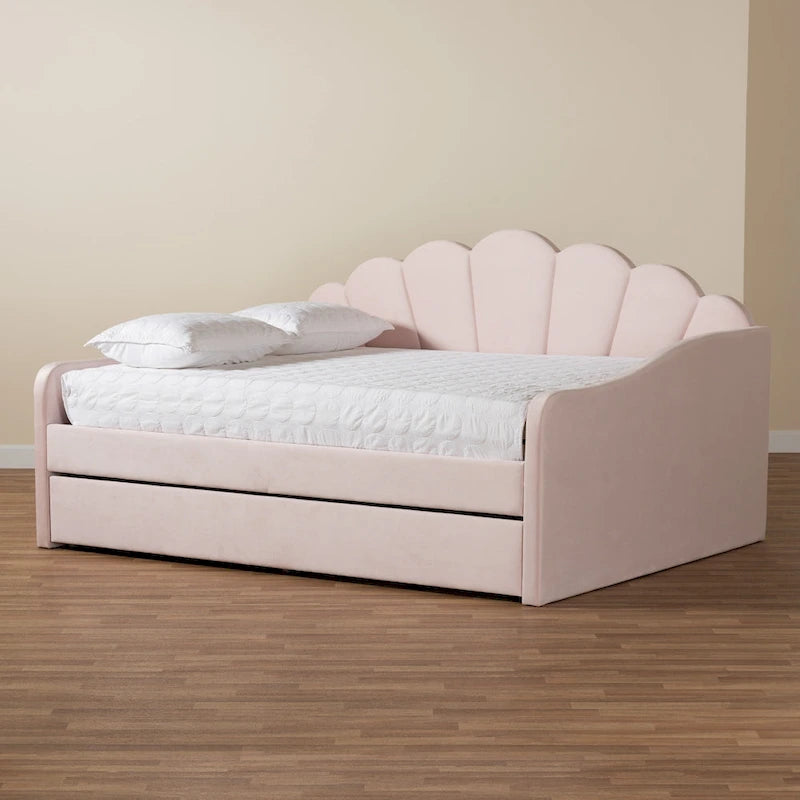 Divano letto queen size moderno e contemporaneo Timila in velluto rosa chiaro con letto estraibile