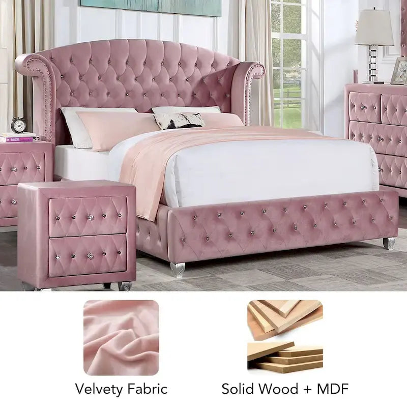 Vyvi Glam Letto imbottito con pannello ad ali in velluto rosa con bottoni a trapuntatura profonda di