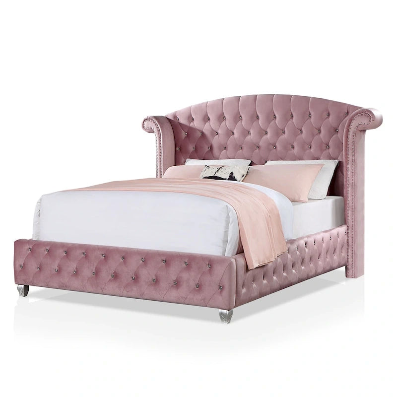 Vyvi Glam Letto imbottito con pannello ad ali in velluto rosa con bottoni a trapuntatura profonda di