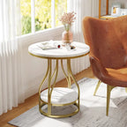 Tavolino rotondo bianco oro, tavolino a 2 ripiani, comodino moderno, tavolino piccolo con spazio contenitore per soggiorno