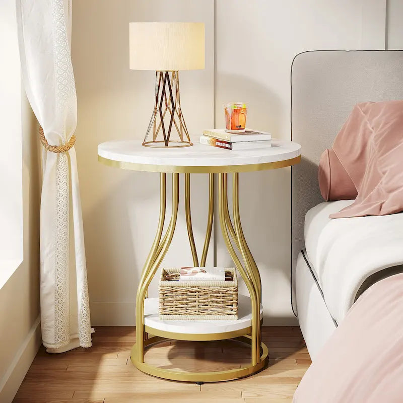 Tavolino rotondo bianco oro, tavolino a 2 ripiani, comodino moderno, tavolino piccolo con spazio contenitore per soggiorno