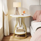 Tavolino rotondo bianco oro, tavolino a 2 ripiani, comodino moderno, tavolino piccolo con spazio contenitore per soggiorno