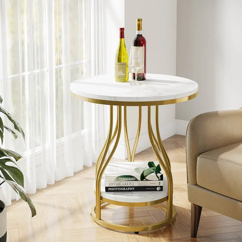 Tavolino rotondo bianco oro, tavolino a 2 ripiani, comodino moderno, tavolino piccolo con spazio contenitore per soggiorno