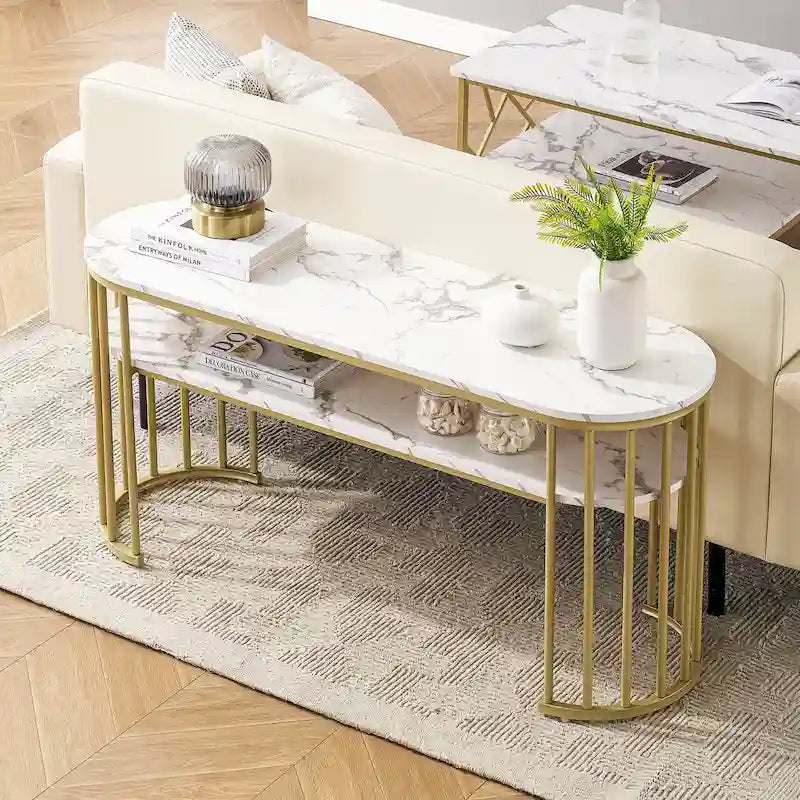   White Sofa Table, Modern Faux Marble Top, Console Table with Gold Metal Frame