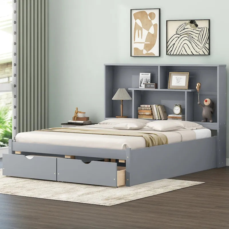 Letto a piattaforma Queen Size con testiera contenitore e 2 cassetti