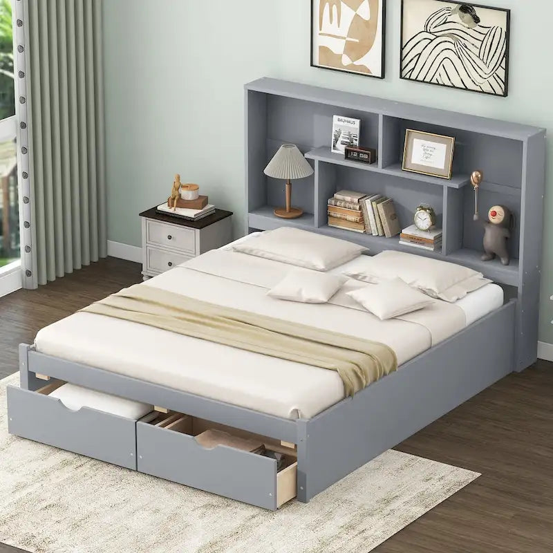 Letto a piattaforma Queen Size con testiera contenitore e 2 cassetti