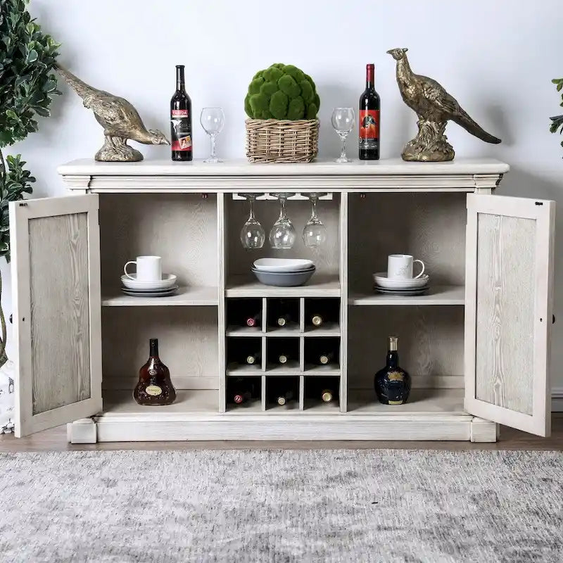 Credenza rustica in legno bianco con portabottiglie