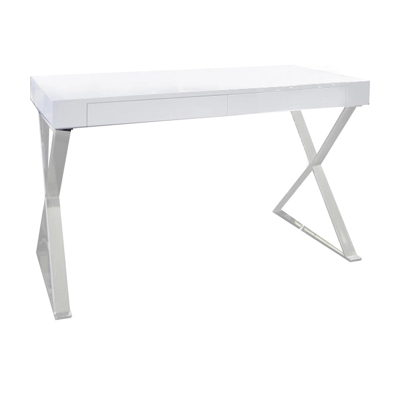 Scrivania Rix da 47 pollici, piano in legno bianco, 2 cassetti, gambe a X in acciaio lucido