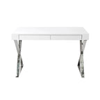 Scrivania Rix da 47 pollici, piano in legno bianco, 2 cassetti, gambe a X in acciaio lucido