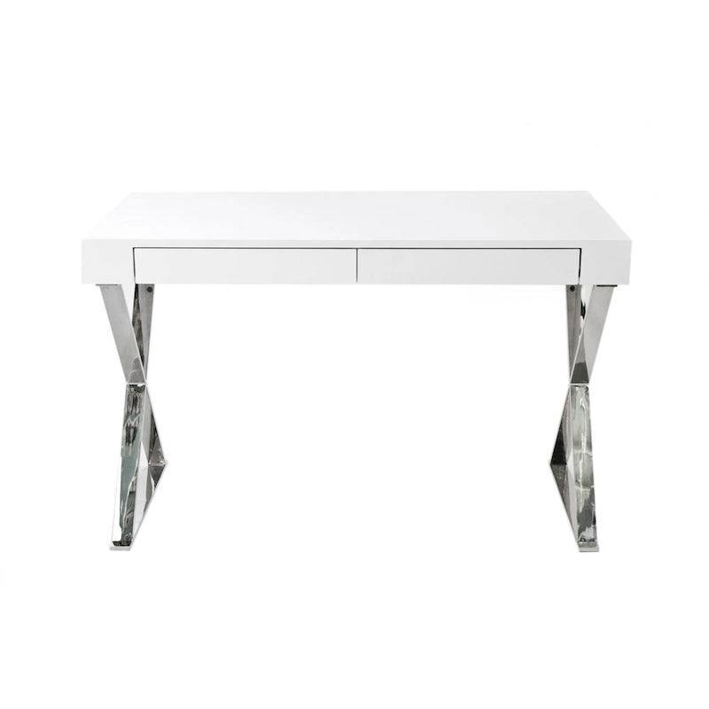 Scrivania Rix da 47 pollici, piano in legno bianco, 2 cassetti, gambe a X in acciaio lucido