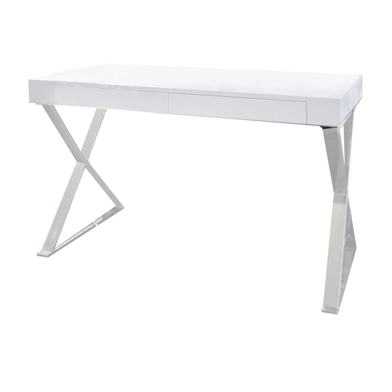 Scrivania Rix da 47 pollici, piano in legno bianco, 2 cassetti, gambe a X in acciaio lucido
