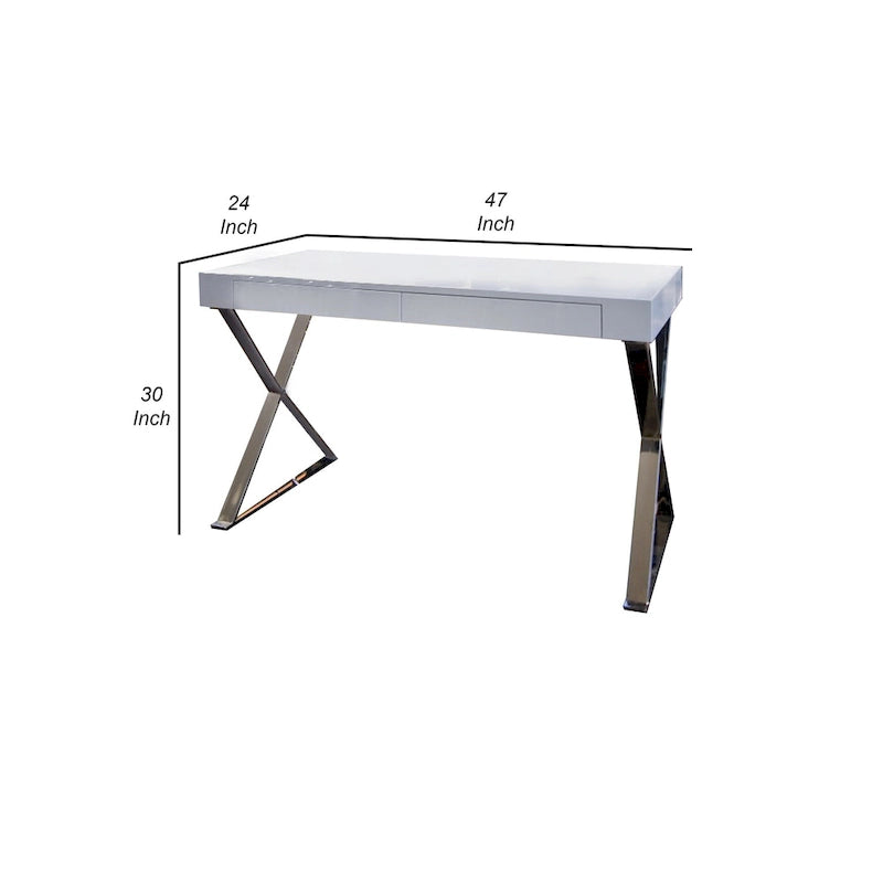 Scrivania Rix da 47 pollici, piano in legno bianco, 2 cassetti, gambe a X in acciaio lucido