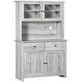 Credenza da cucina con vetrinetta, mobile dispensa con 4 ripiani, cassetti, ante in vetro con telaio, piano di lavoro aperto per microonde