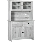Credenza da cucina con vetrinetta, mobile dispensa con 4 ripiani, cassetti, ante in vetro con telaio, piano di lavoro aperto per microonde
