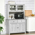 Credenza da cucina con vetrinetta, mobile dispensa con 4 ripiani, cassetti, ante in vetro con telaio, piano di lavoro aperto per microonde