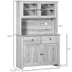 Credenza da cucina con vetrinetta, mobile dispensa con 4 ripiani, cassetti, ante in vetro con telaio, piano di lavoro aperto per microonde