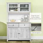 Credenza da cucina con vetrinetta, mobile dispensa con 4 ripiani, cassetti, ante in vetro con telaio, piano di lavoro aperto per microonde