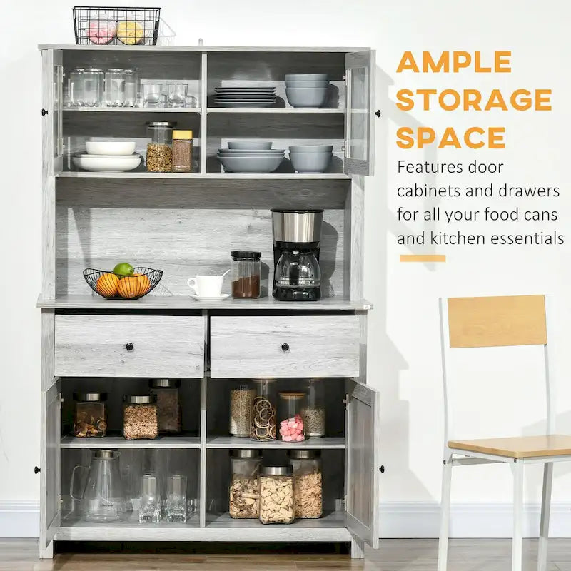 Credenza da cucina con vetrinetta, mobile dispensa con 4 ripiani, cassetti, ante in vetro con telaio, piano di lavoro aperto per microonde