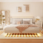 Letto matrimoniale maxi galleggiante con testiera contenitore e luci LED RGB, beige