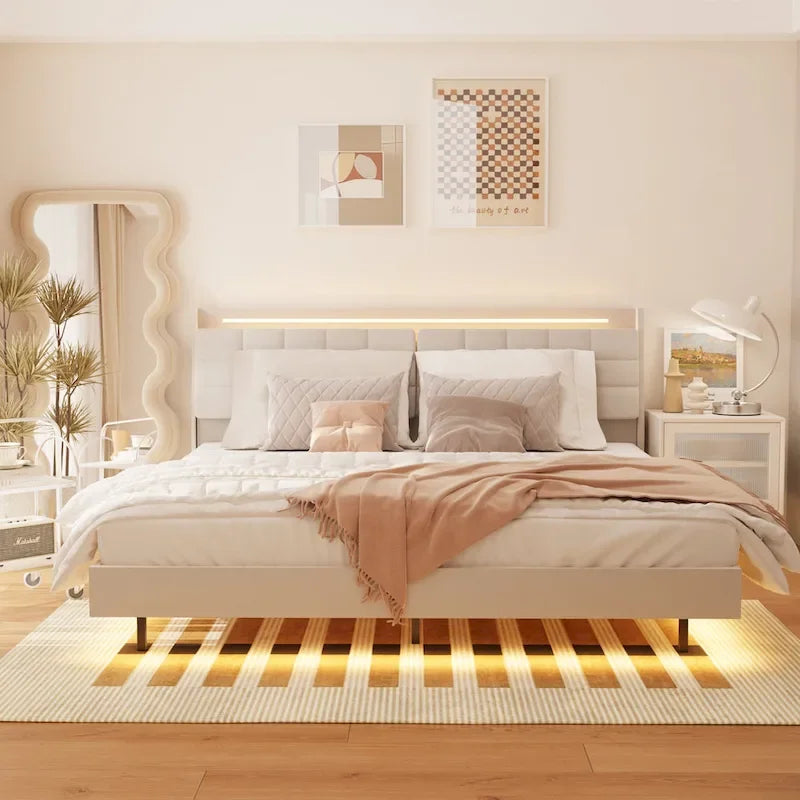 Letto matrimoniale maxi galleggiante con testiera contenitore e luci LED RGB, beige