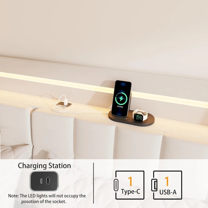 Letto matrimoniale maxi galleggiante con testiera contenitore e luci LED RGB, beige