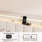 Letto matrimoniale maxi galleggiante con testiera contenitore e luci LED RGB, beige