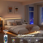 Letto matrimoniale maxi galleggiante con testiera contenitore e luci LED RGB, beige