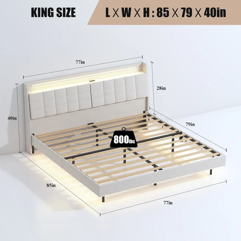 Letto matrimoniale maxi galleggiante con testiera contenitore e luci LED RGB, beige