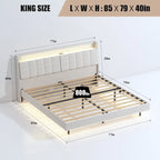 Letto matrimoniale maxi galleggiante con testiera contenitore e luci LED RGB, beige