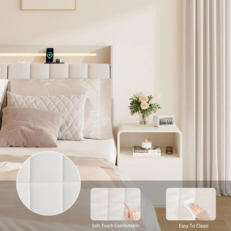 Letto matrimoniale maxi galleggiante con testiera contenitore e luci LED RGB, beige