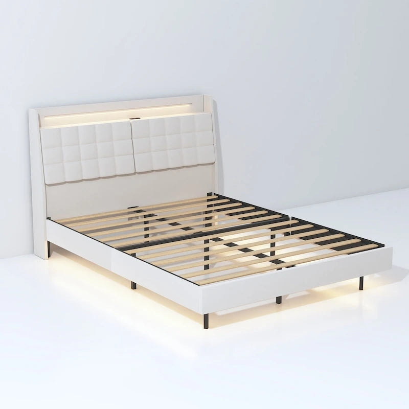 Letto matrimoniale maxi galleggiante con testiera contenitore e luci LED RGB, beige